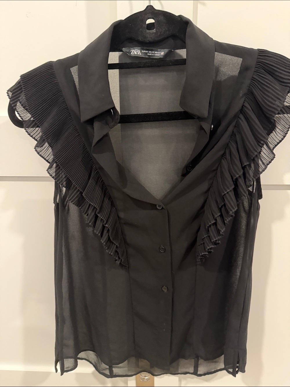 ZARA Black Sheer Ruffle Cap-Sleeve Blouse